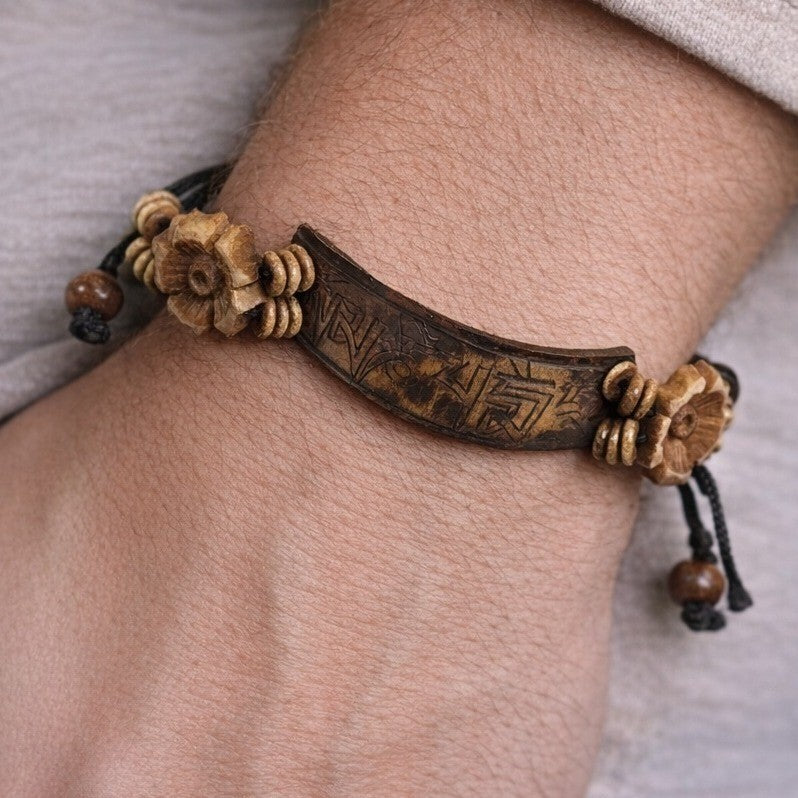 Vintage Carved Wood Adjustable Bracelet with Floral Accents