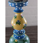 Vintage Hand Painted Wood Table Lamp Floral Blue Yellow Polka Dot