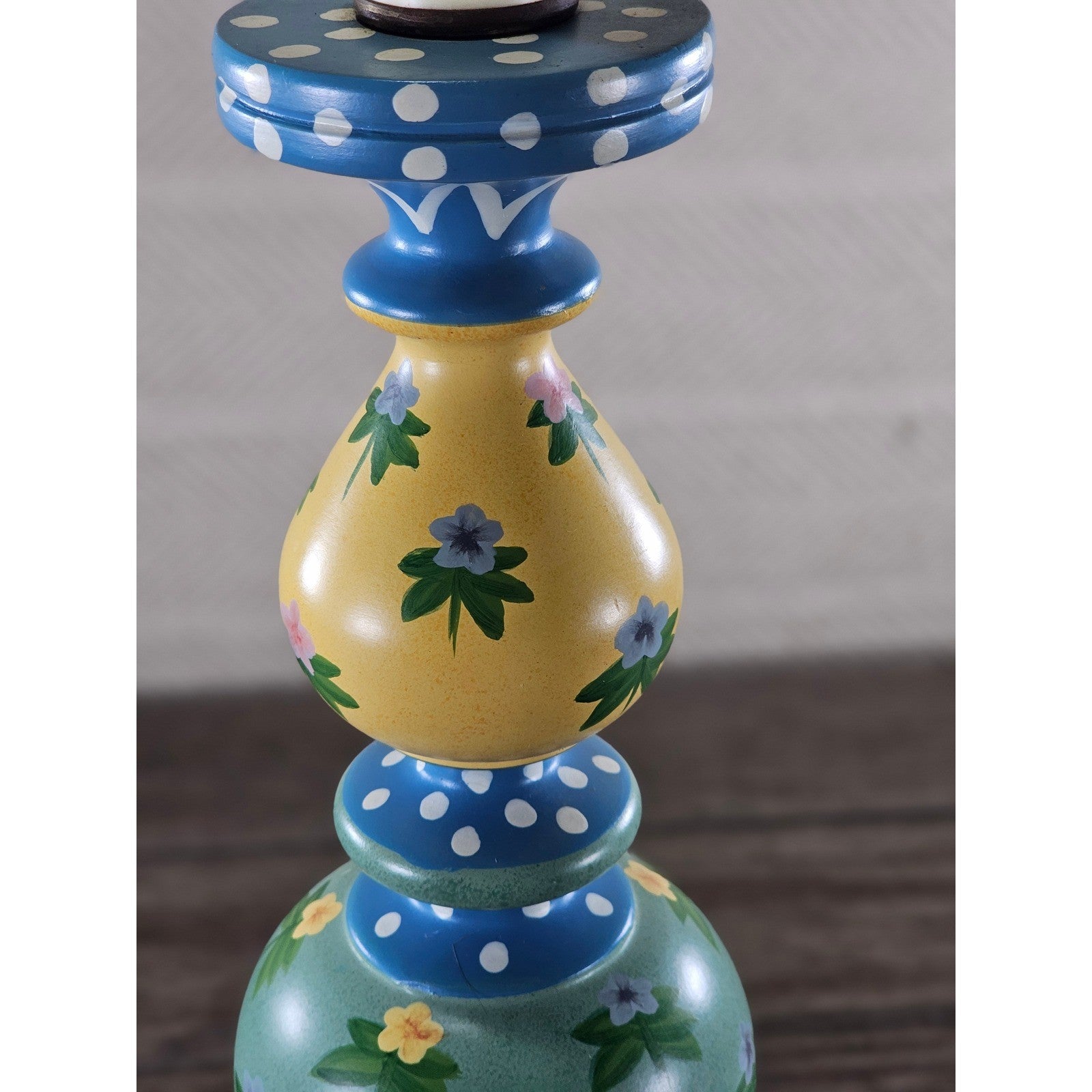 Vintage Hand Painted Wood Table Lamp Floral Blue Yellow Polka Dot