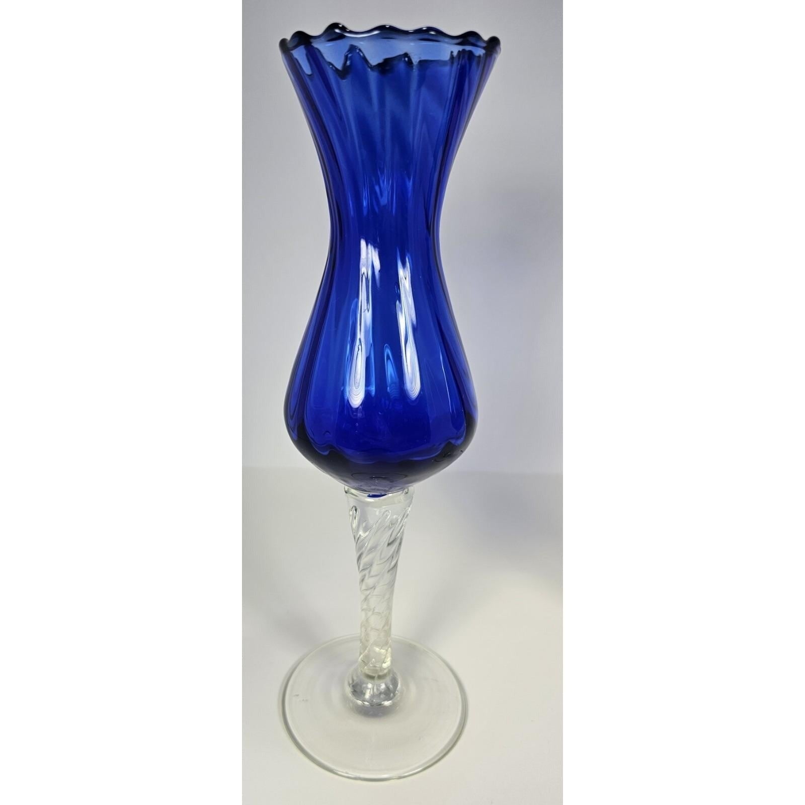 Vintage Blue Optic Swirl Wine Goblets Set of 2 Tall Twisted Stem Glass