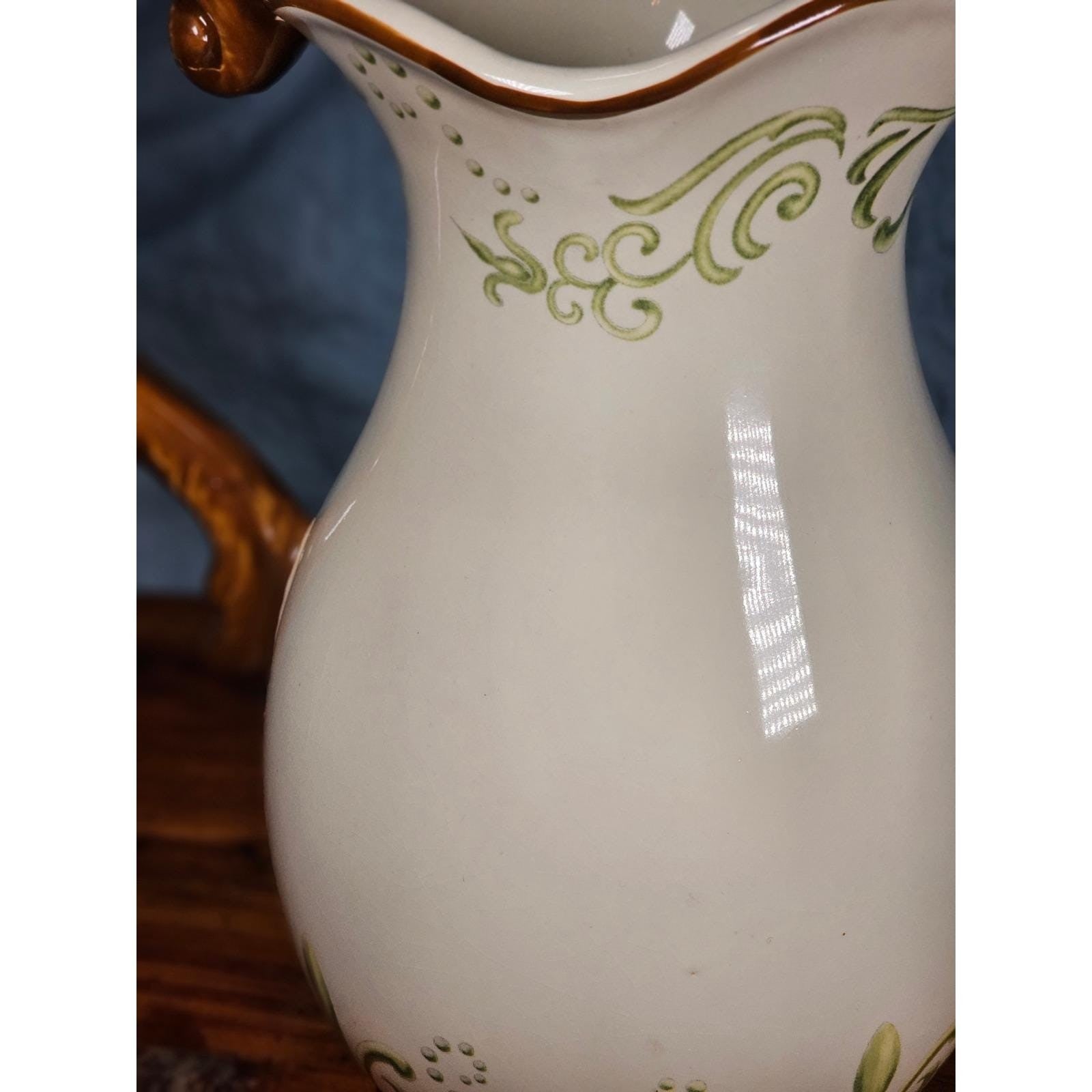 Vintage Ceramic Pitcher Cream Floral Green Brown Handle Holiday Petaluma