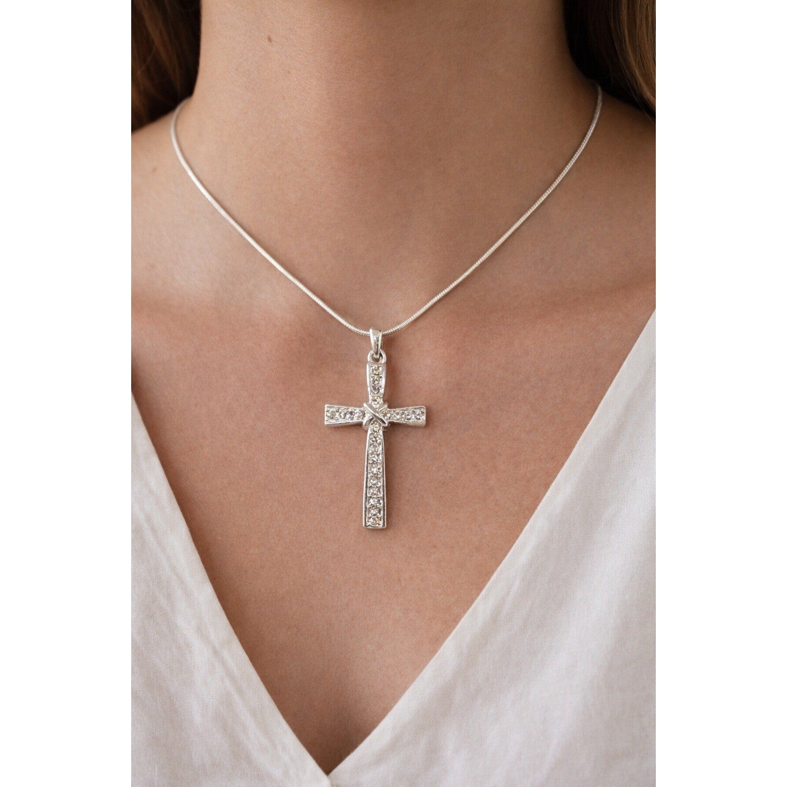 BMNY Silver Plated CZ Cross Necklace 18 Inch Chain Religious Jewelry