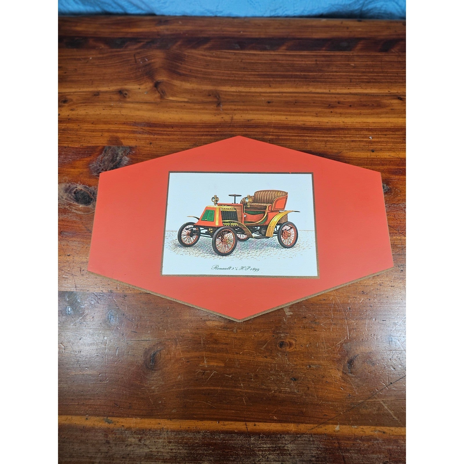 Vintage Renault 1899 Automobile Wall Plaque Red Orange Car Decor 11.5x5