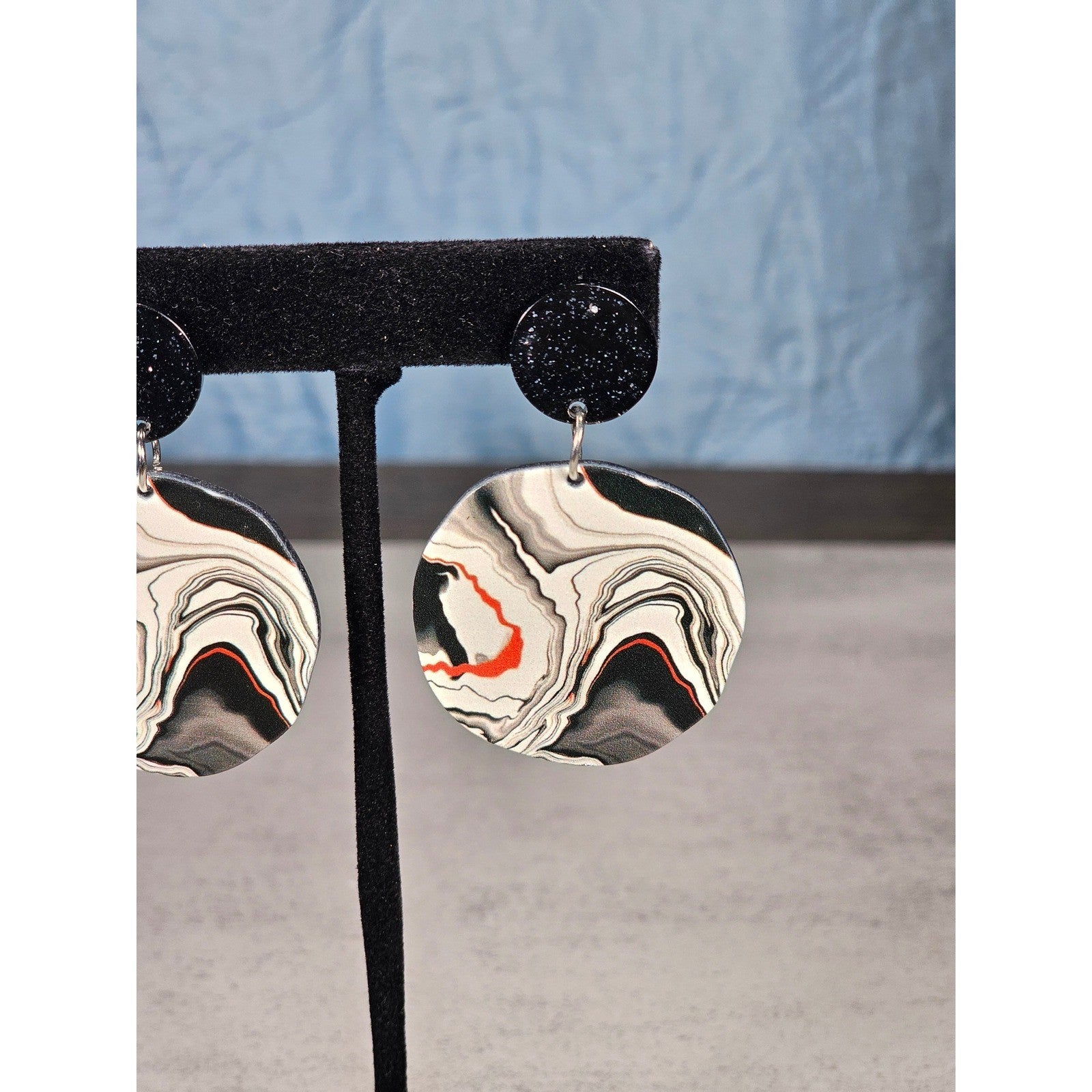 Abstract Black & White Disc Earrings with Red Accents | Pierced Stud Dangles