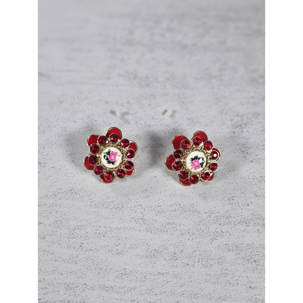 Vintage Red Floral Enamel Rhinestone Stud Earrings Gold Tone