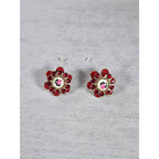 Vintage Red Floral Enamel Rhinestone Stud Earrings Gold Tone