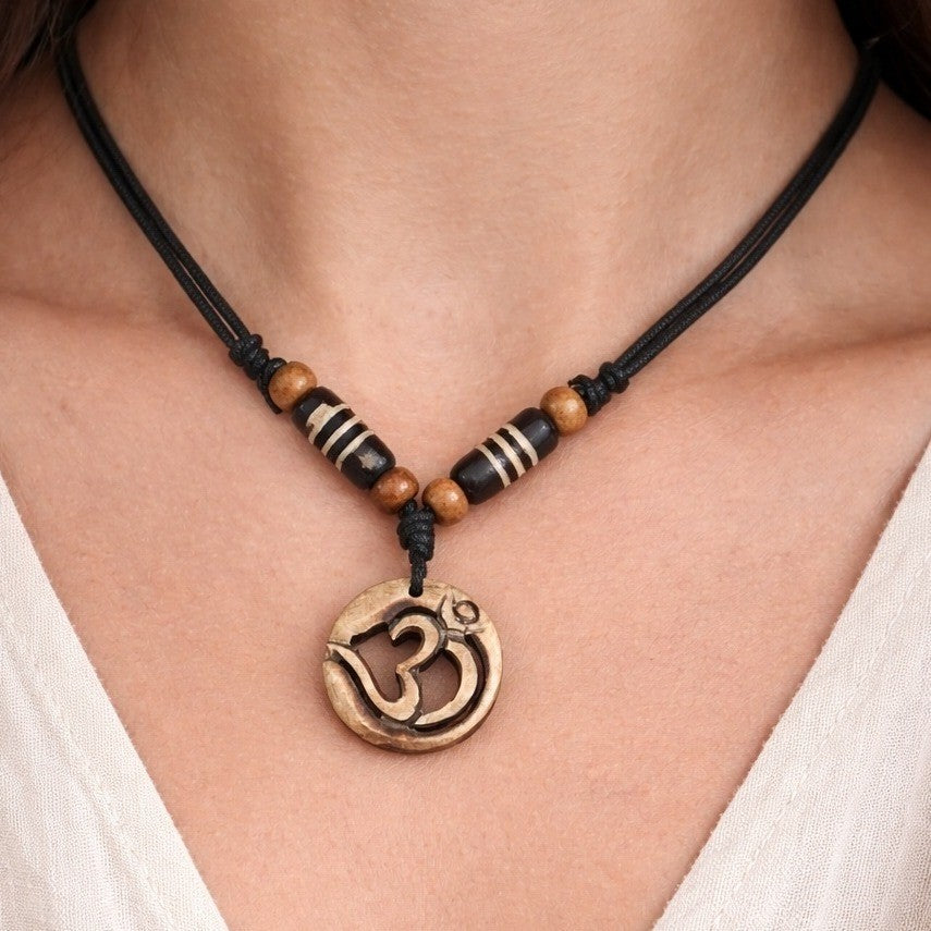 Vintage Carved Om Pendant Necklace Wood Beaded Cord Boho Yoga