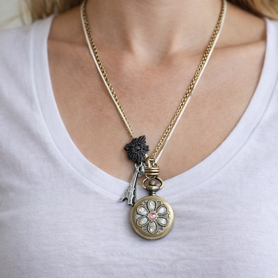 Vintage Long Necklace Pocket Watch Locket Pendant Eiffel Tower Charm