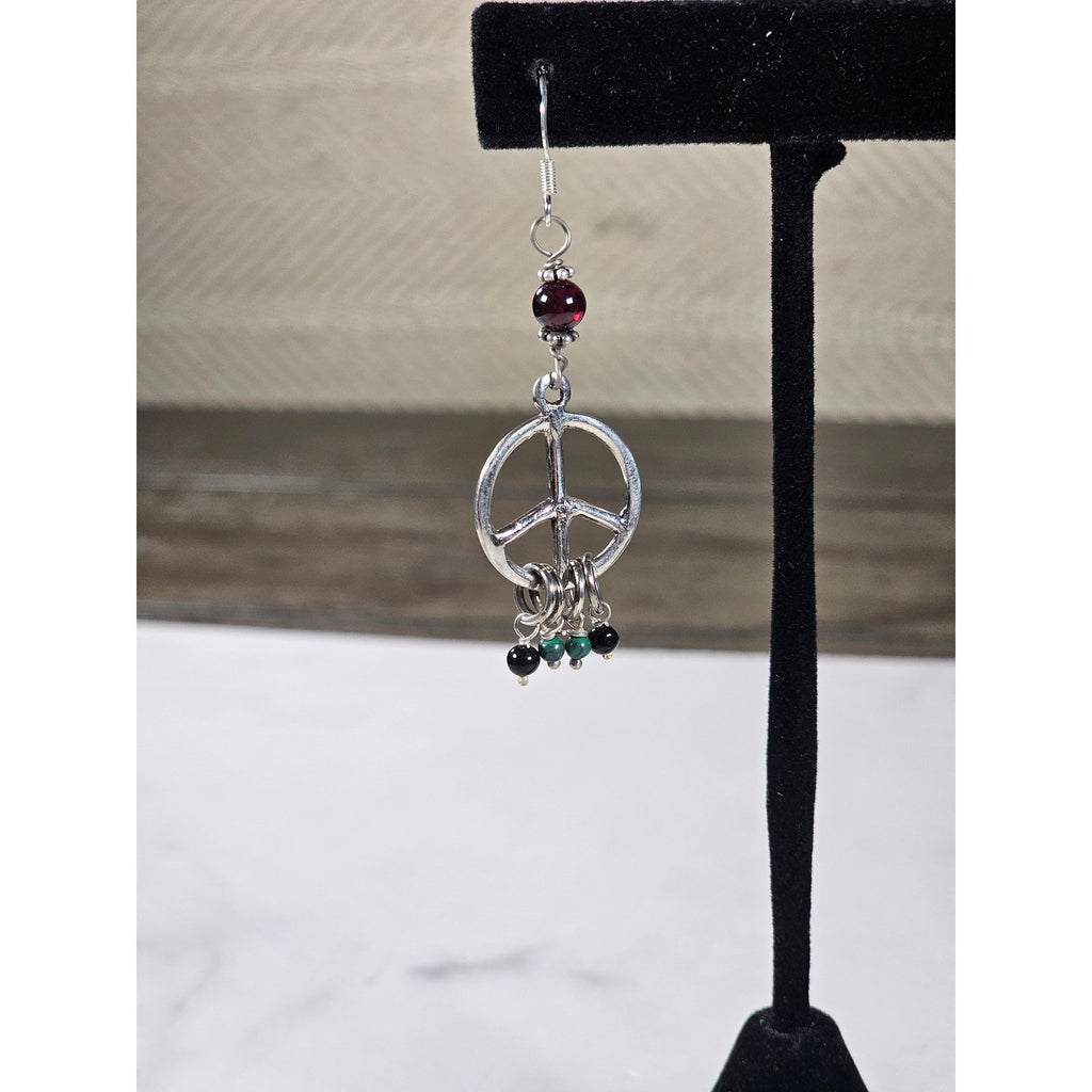 Vintage Peace Sign Dangle Earrings Garnet Bead Accent