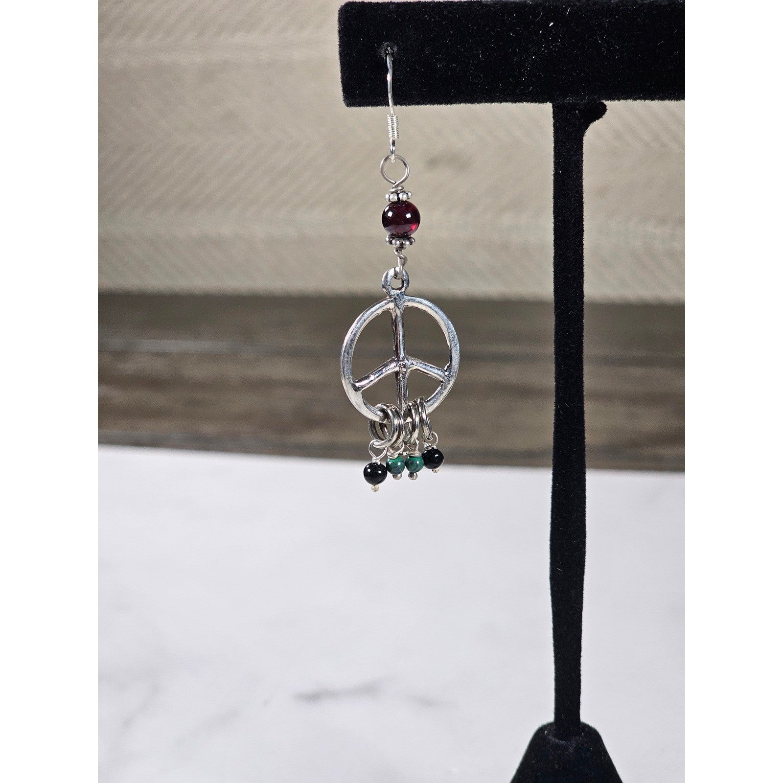 Vintage Peace Sign Dangle Earrings Garnet Bead Accent