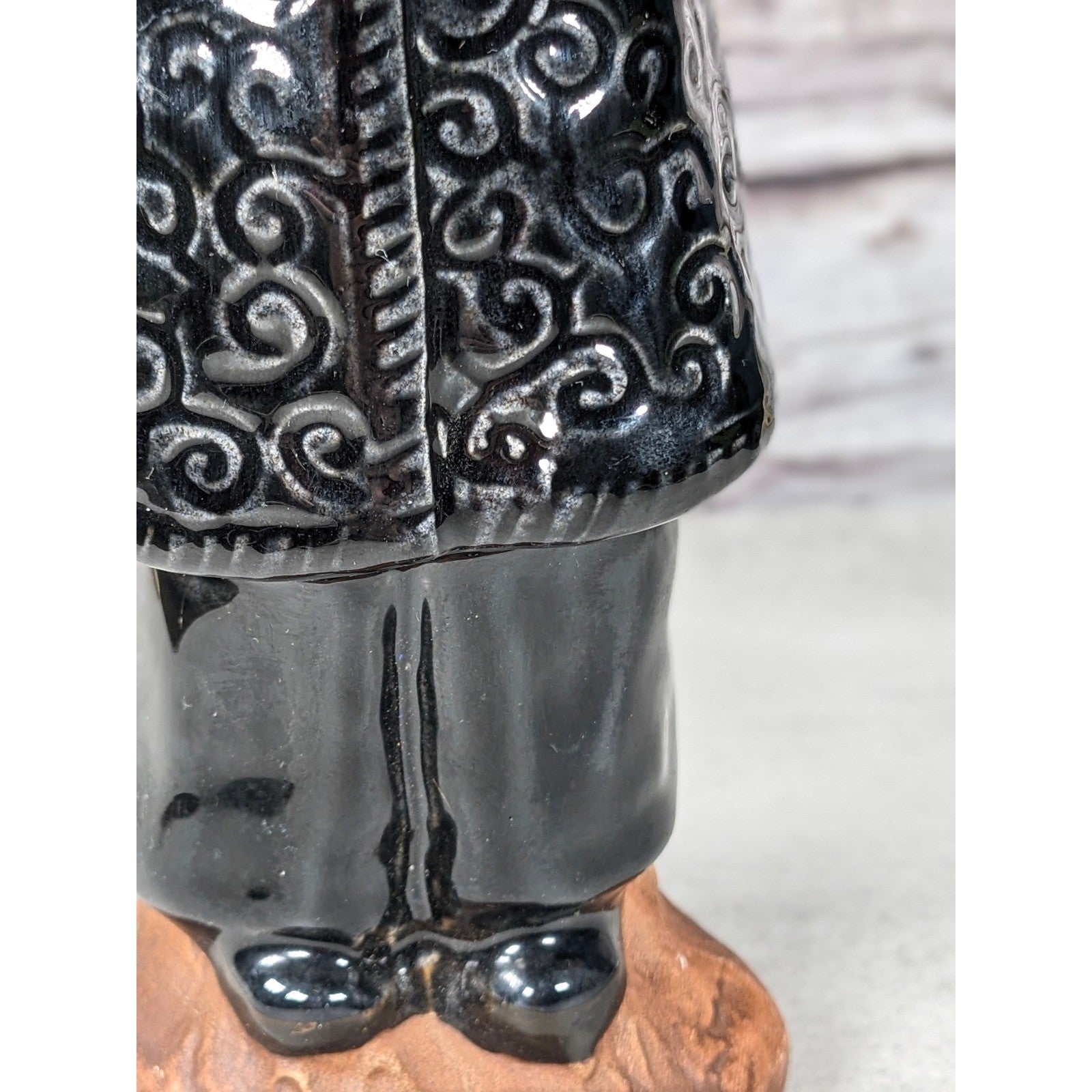 Vintage Ceramic Child Figurine Black Embossed Coat 9.5 Inch Statue