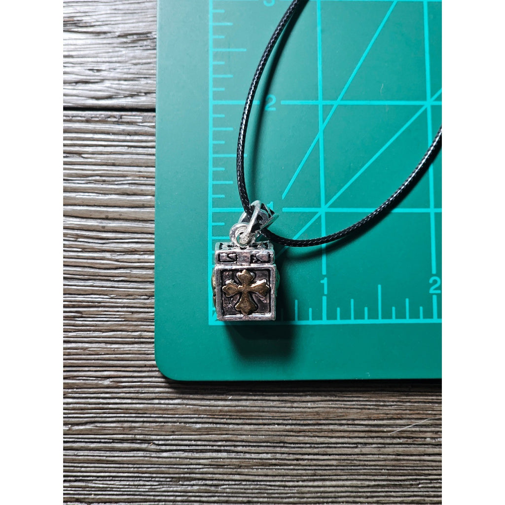 Vintage Religious Cube Pendant Necklace Cross & Praying Hands