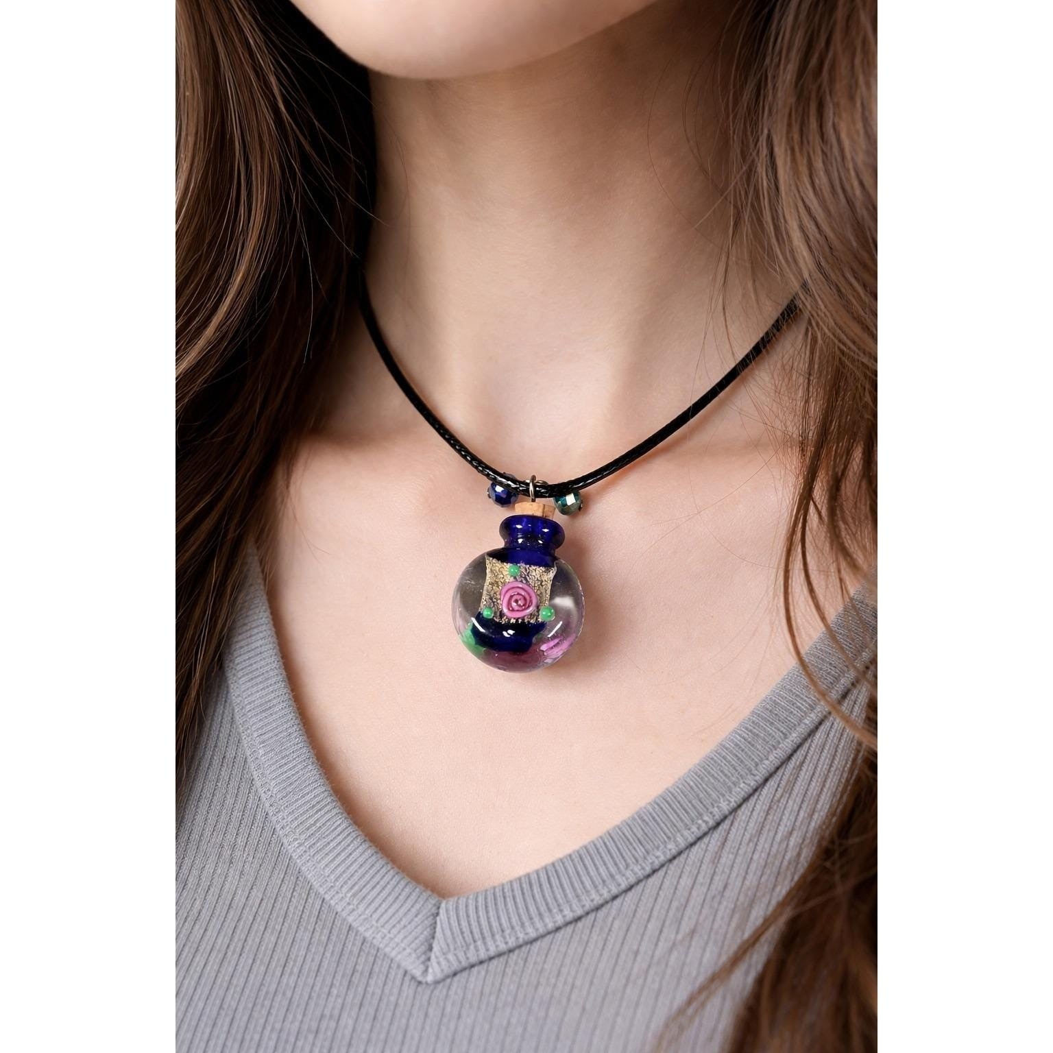 Vintage Glass Potion Bottle Necklace with Cork Stopper on Black Cord