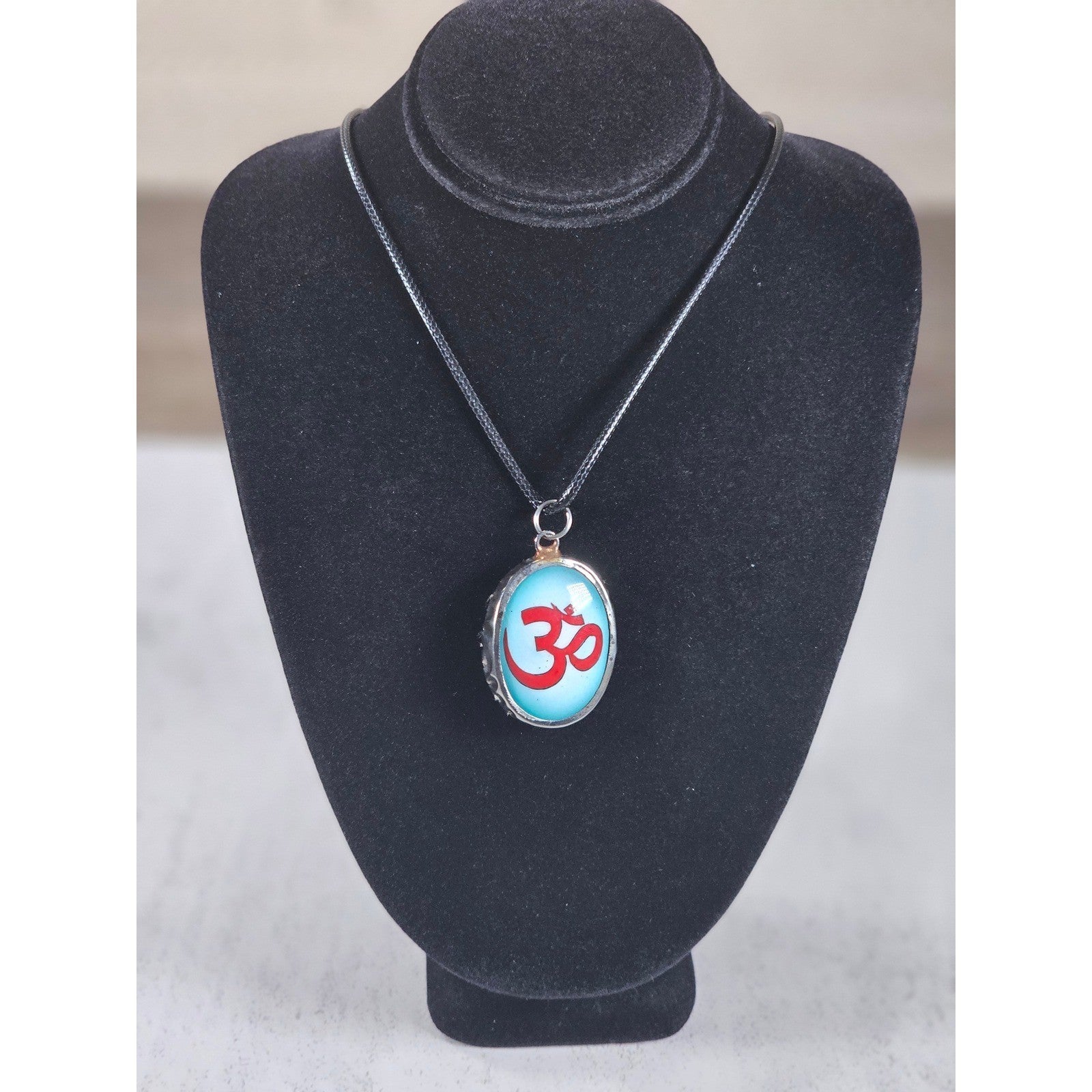 Vintage Om Pendant Necklace Blue Red Symbol Black Cord