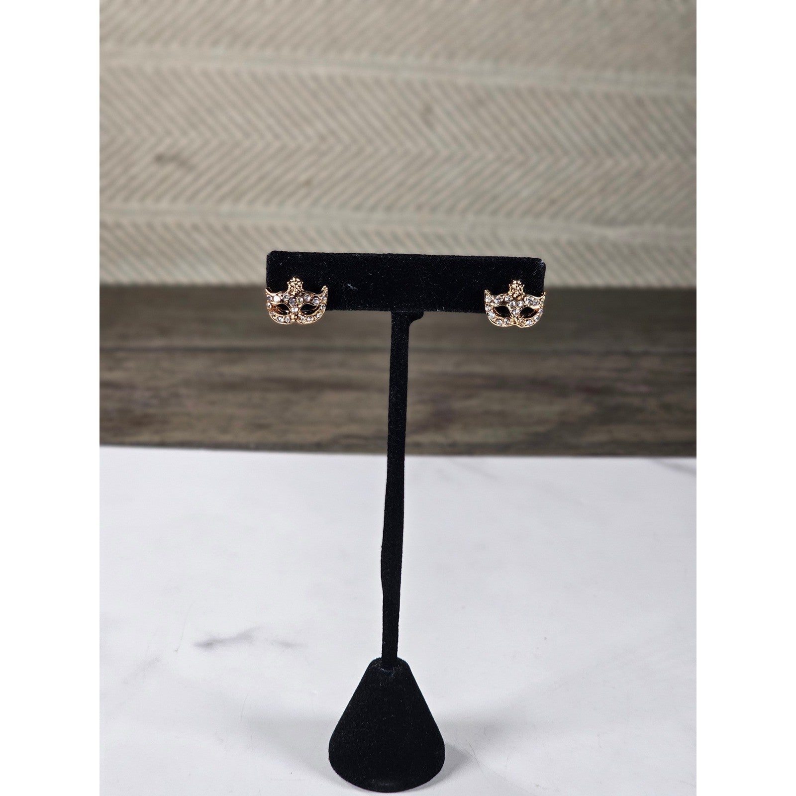 Vintage Gold Tone Mask Stud Earrings Mardi Gras Rhinestone