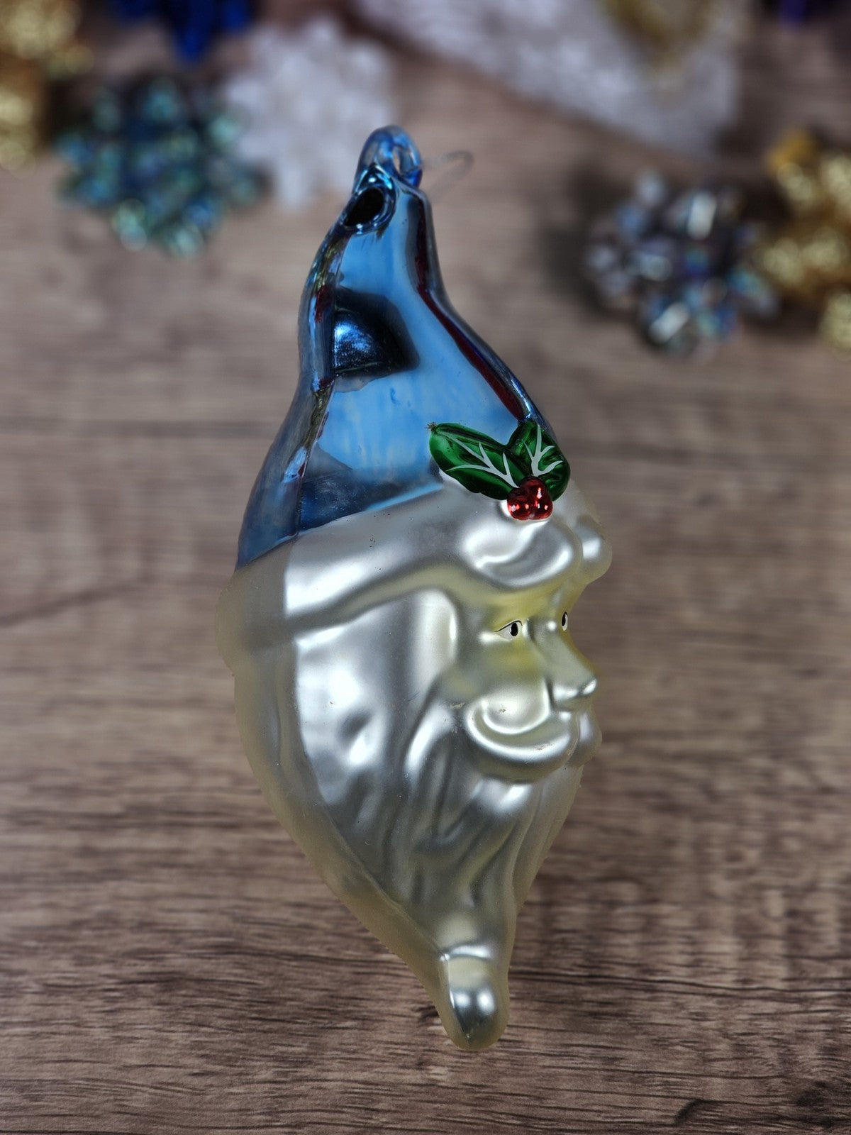 Vintage 70s Handblown Glass Santa Ornament With Blue Hat & Holly