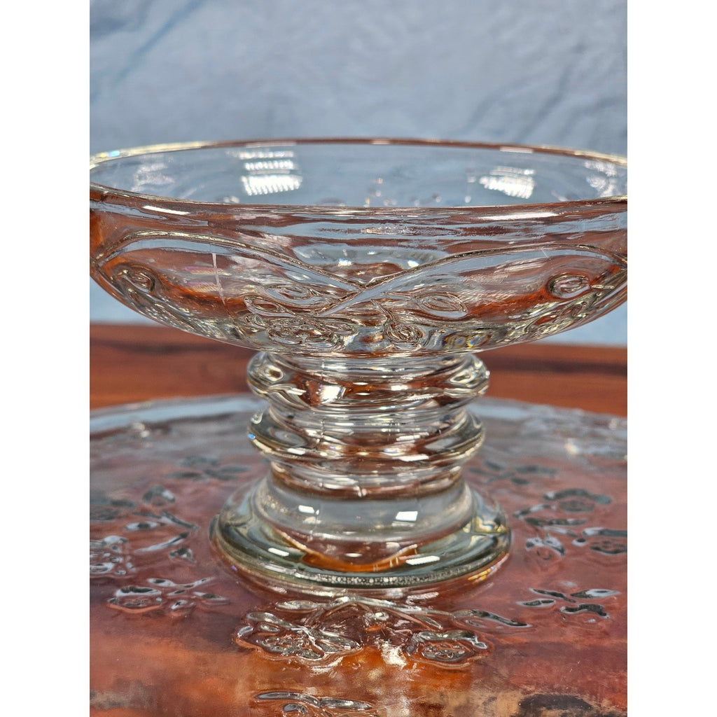 Vintage Clear Glass Cake Stand with Floral Embossed Design
