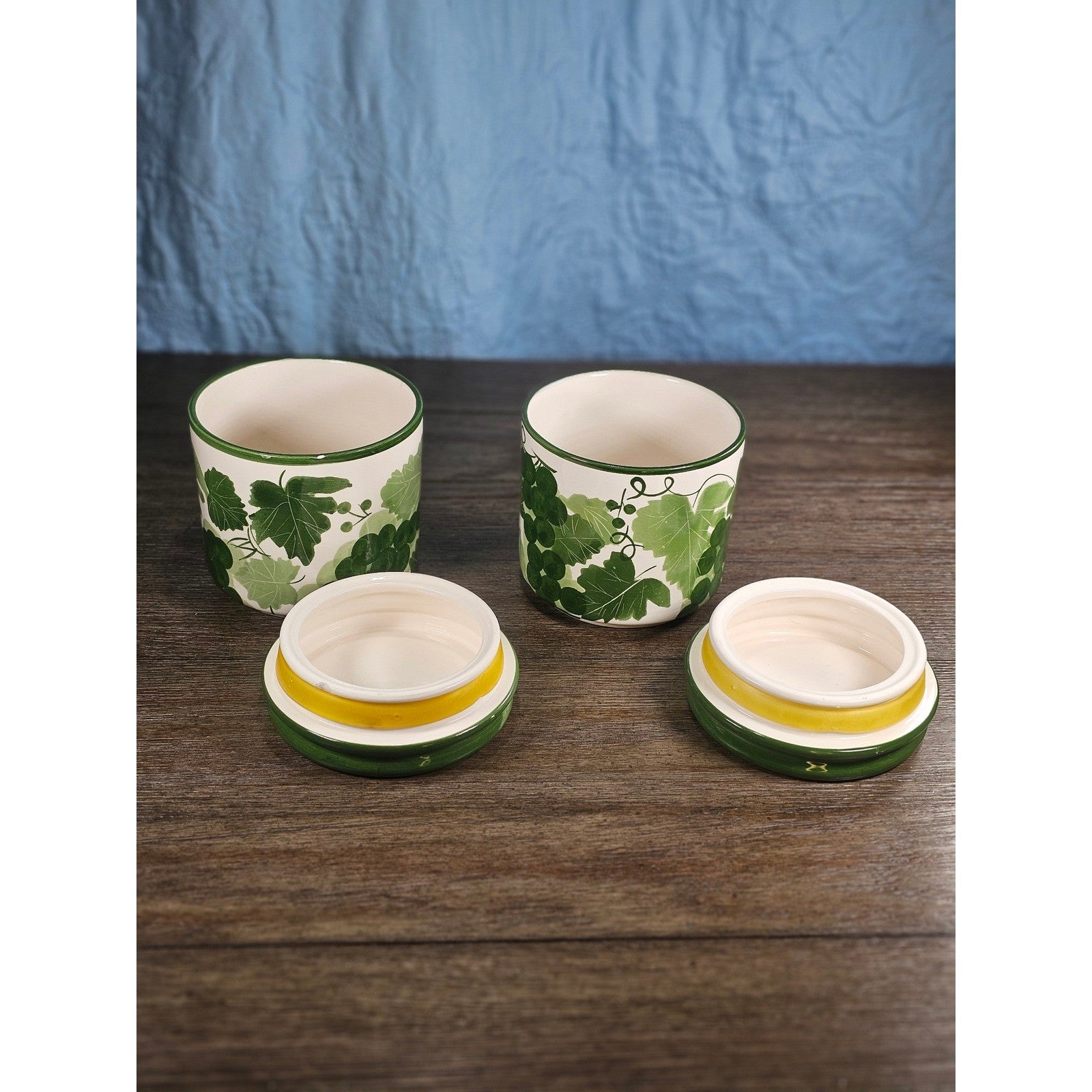 Vintage Grape Leaf Canisters with Lids – Set of 2 – Green Ceramic