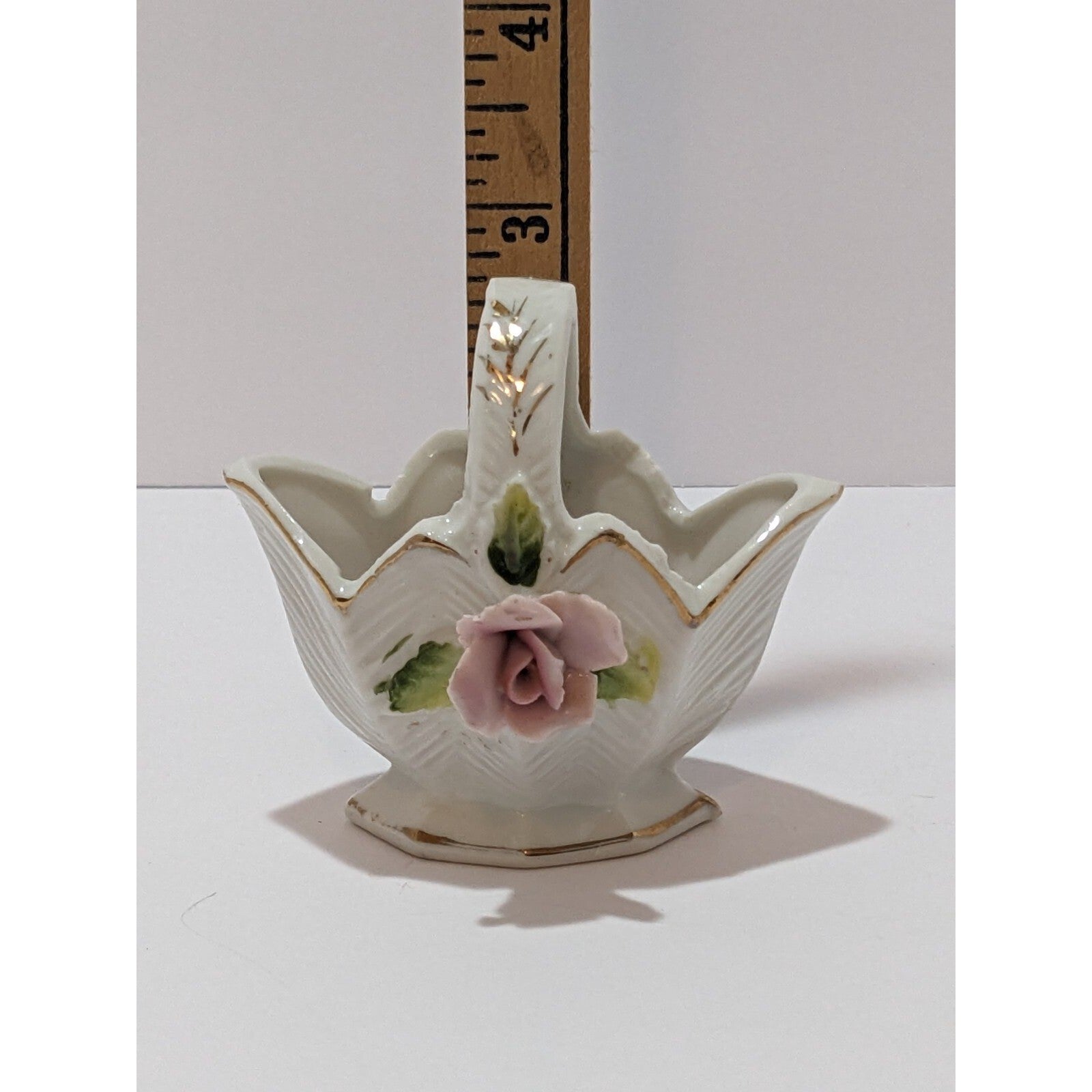 Vintage Porcelain Basket with Pink Rose Accent Gold Trim 3 Inch Collectible