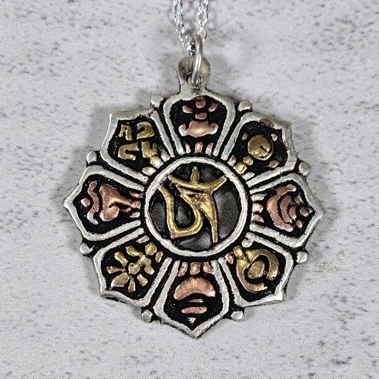 Vintage Om Lotus Pendant Necklace Boho Spiritual Medallion
