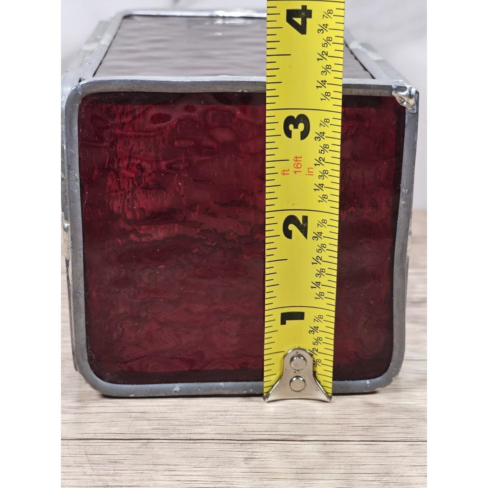 Vintage Red Stained Glass Cube Decor Metal Frame Textured Panels