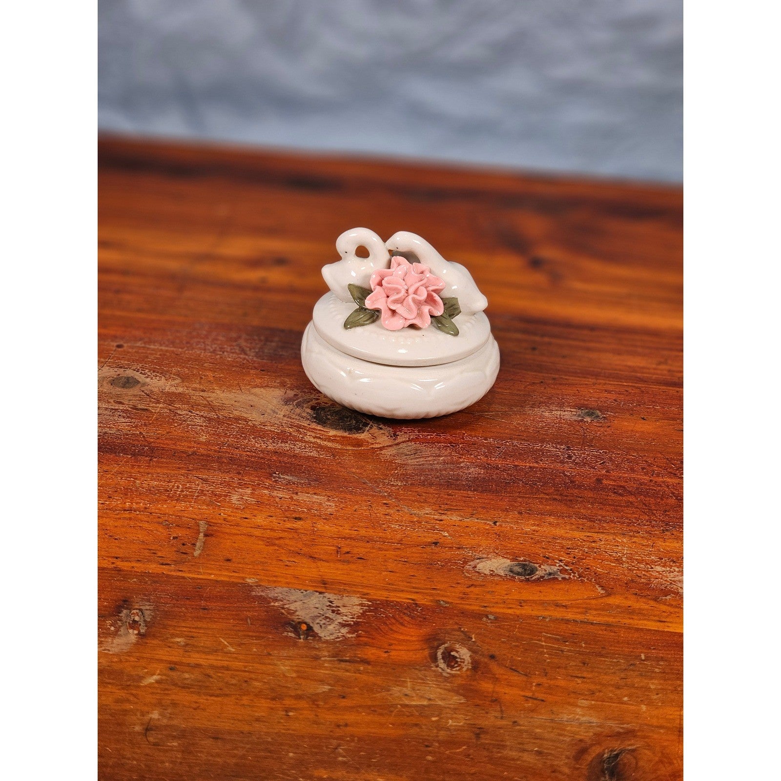 Vintage Ceramic Swan Trinket Box with Pink Rose | Romantic Jewelry Keepsake Box
