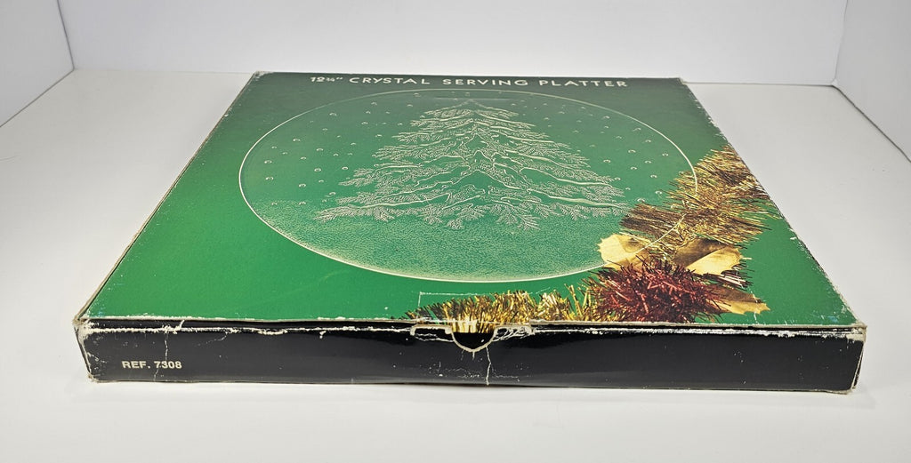 Crystal Serving Platter 12 3/4 With Etched Evergreen With Original Box