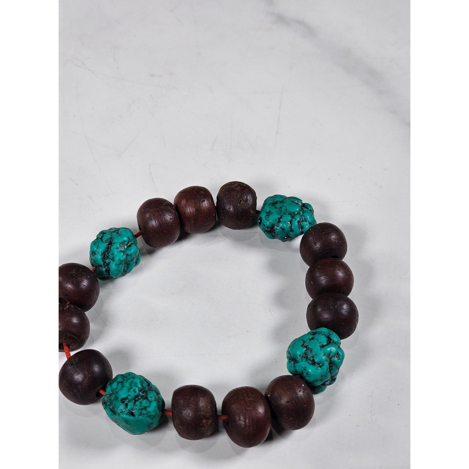 Vintage Wood & Turquoise Bead Stretch Bracelet Rustic Boho