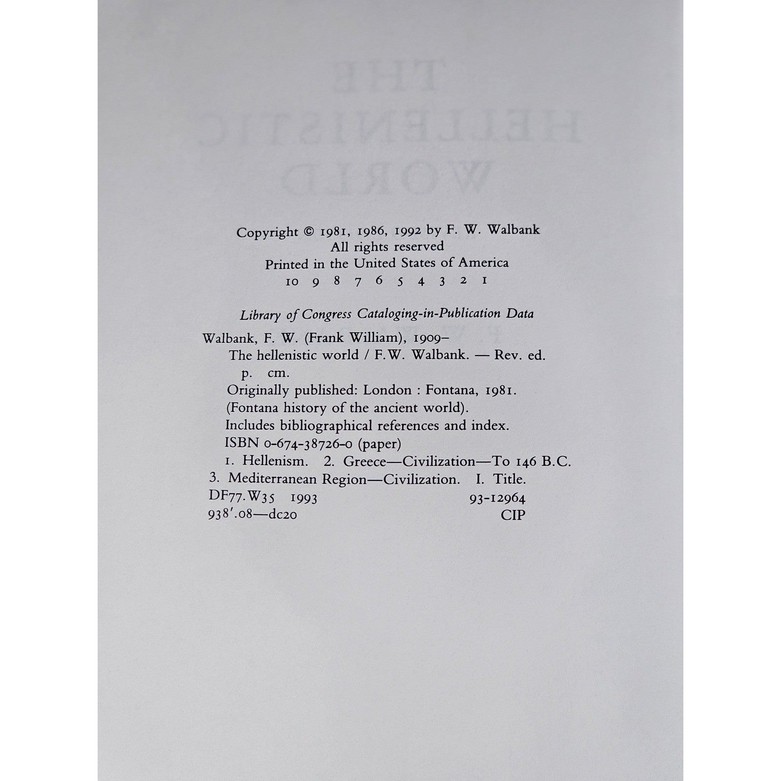 The Hellenistic World Revised Ed F.W. Walbank HC 1993 History