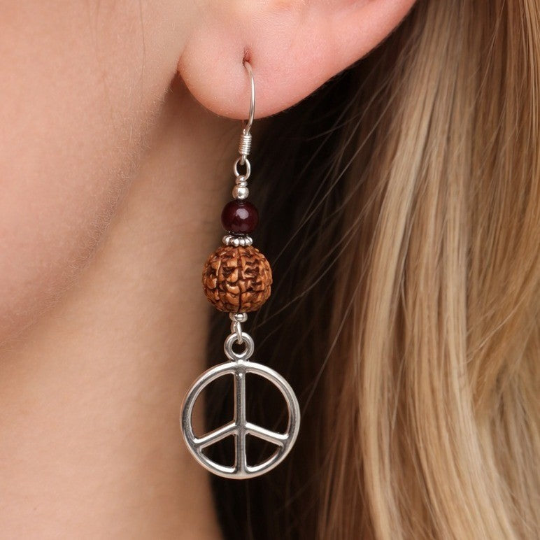 Vintage Peace Sign Dangle Earrings Sterling Silver Beaded Drop