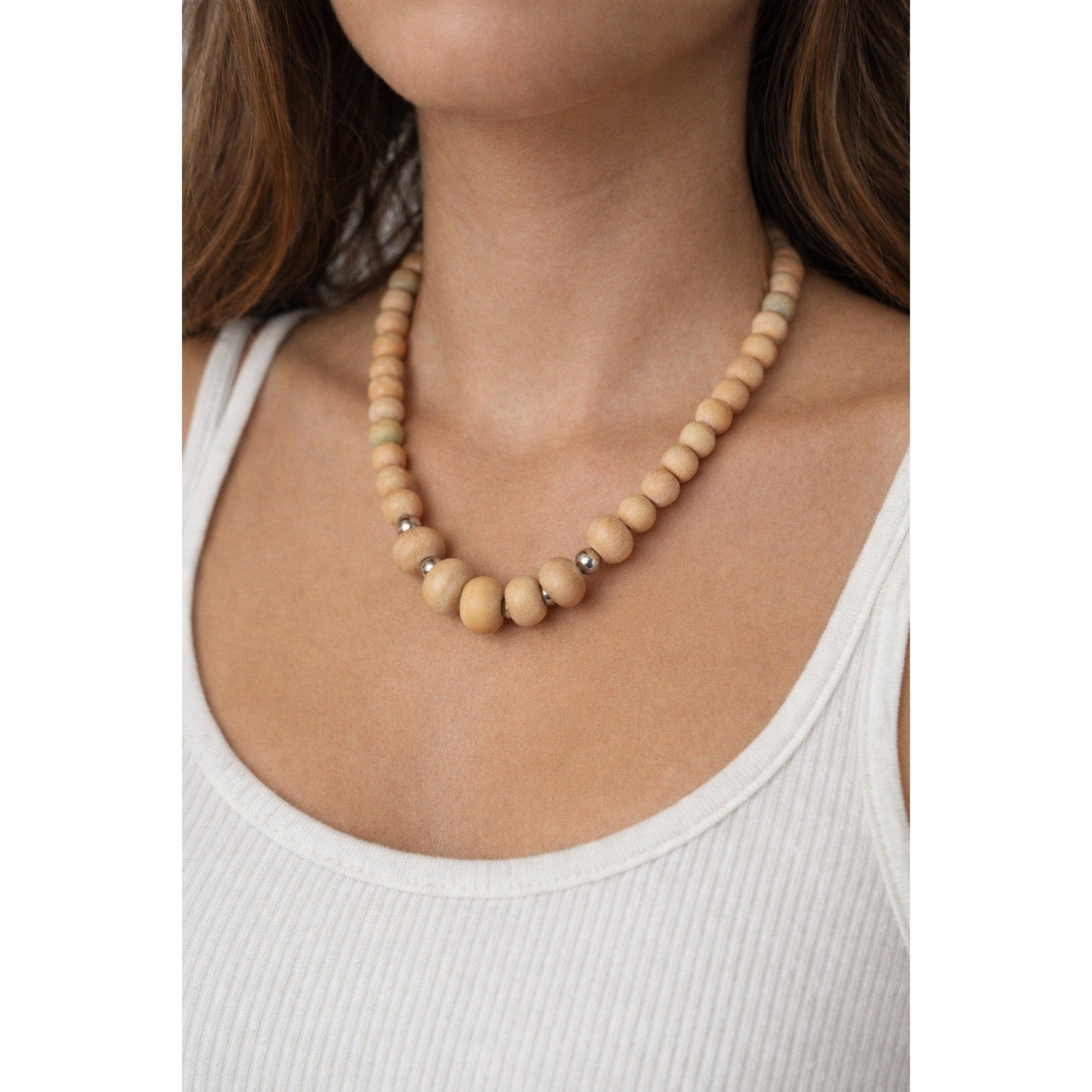 Vintage Wooden Bead Necklace with Silver Tone Accents | Rustic Boho Jewelry