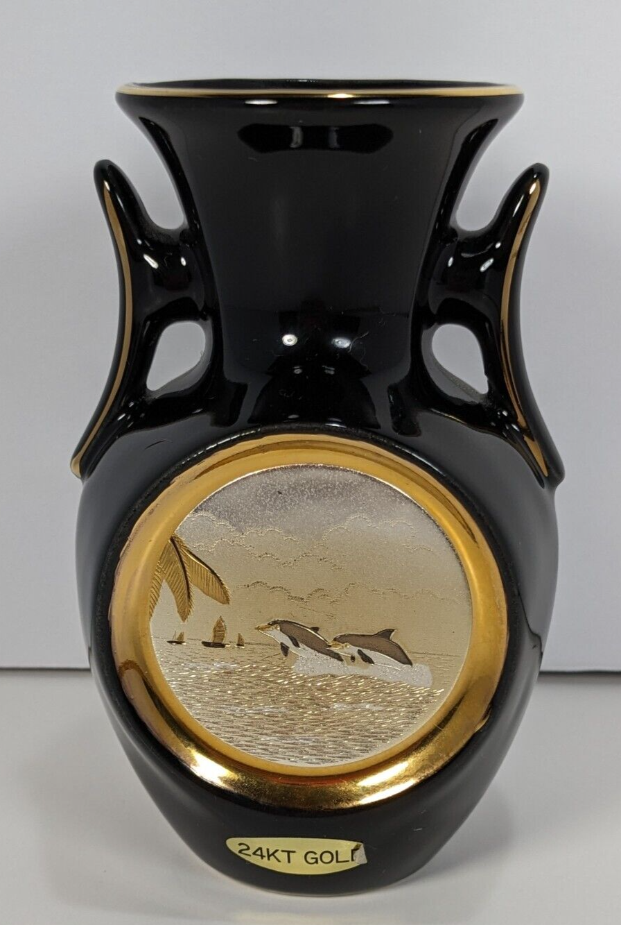 The Art of Chokin Black Vase – 24K Gold Edged – Vintage Japanese Mini Vase