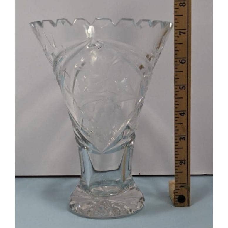Vintage Cut Crystal Trumpet Vase Starburst Pedestal Vase 7.5 Inch
