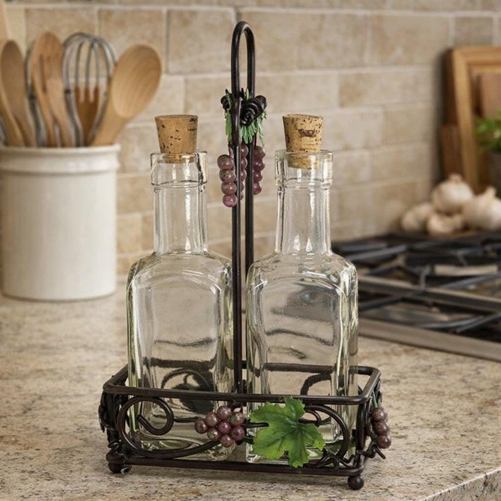 Vintage Oil Vinegar Cruet Set Glass Bottles Metal Caddy
