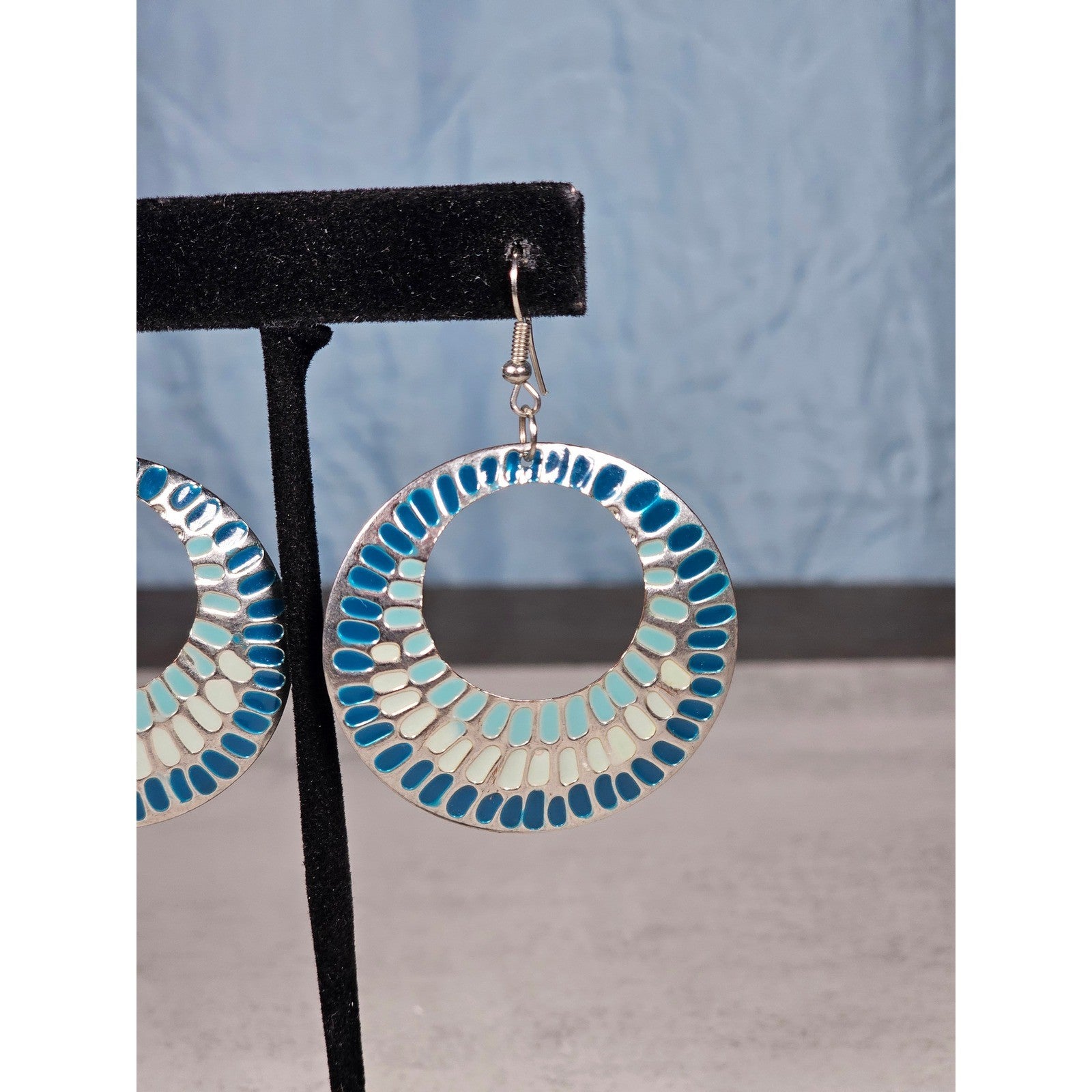 Vintage Blue & Silver Tone Textured Hoop Dangle Earrings