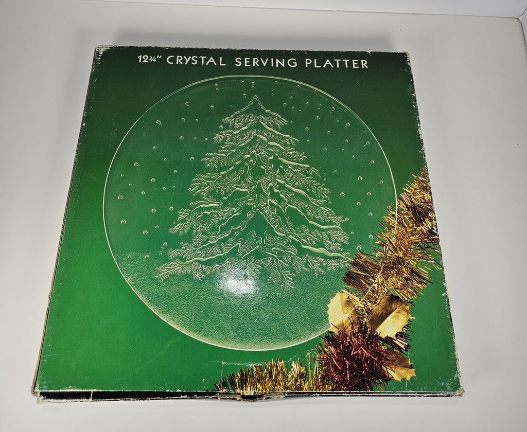 Crystal Serving Platter 12 3/4 With Etched Evergreen With Original Box
