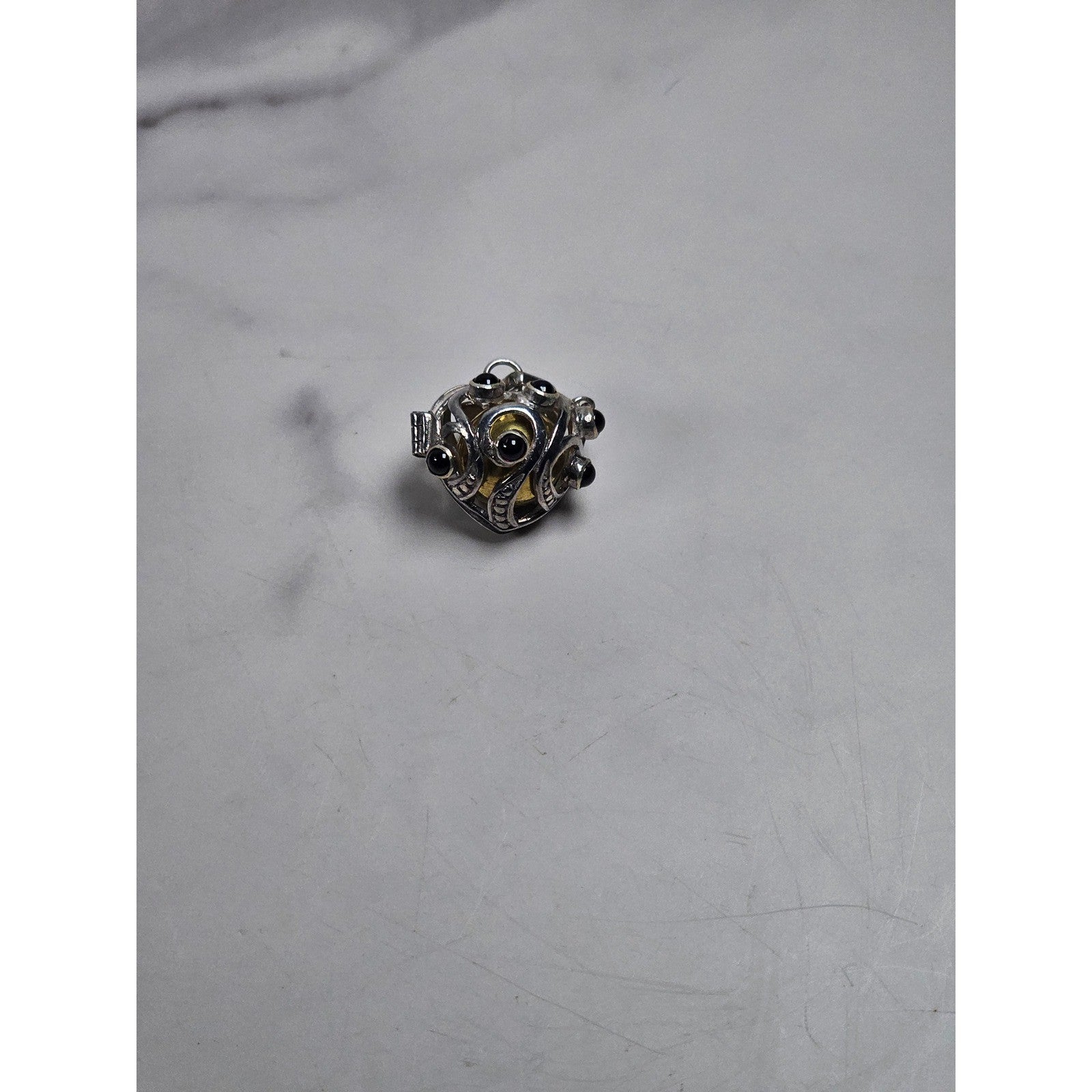 Vintage Hinged Locket Pendant with Inner Sphere & Dark Stone Accents