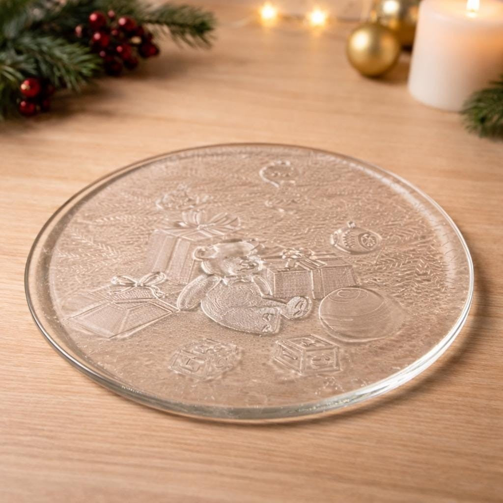 Vintage Christmas Glass Platter Teddy Bear Holiday Serving Plate