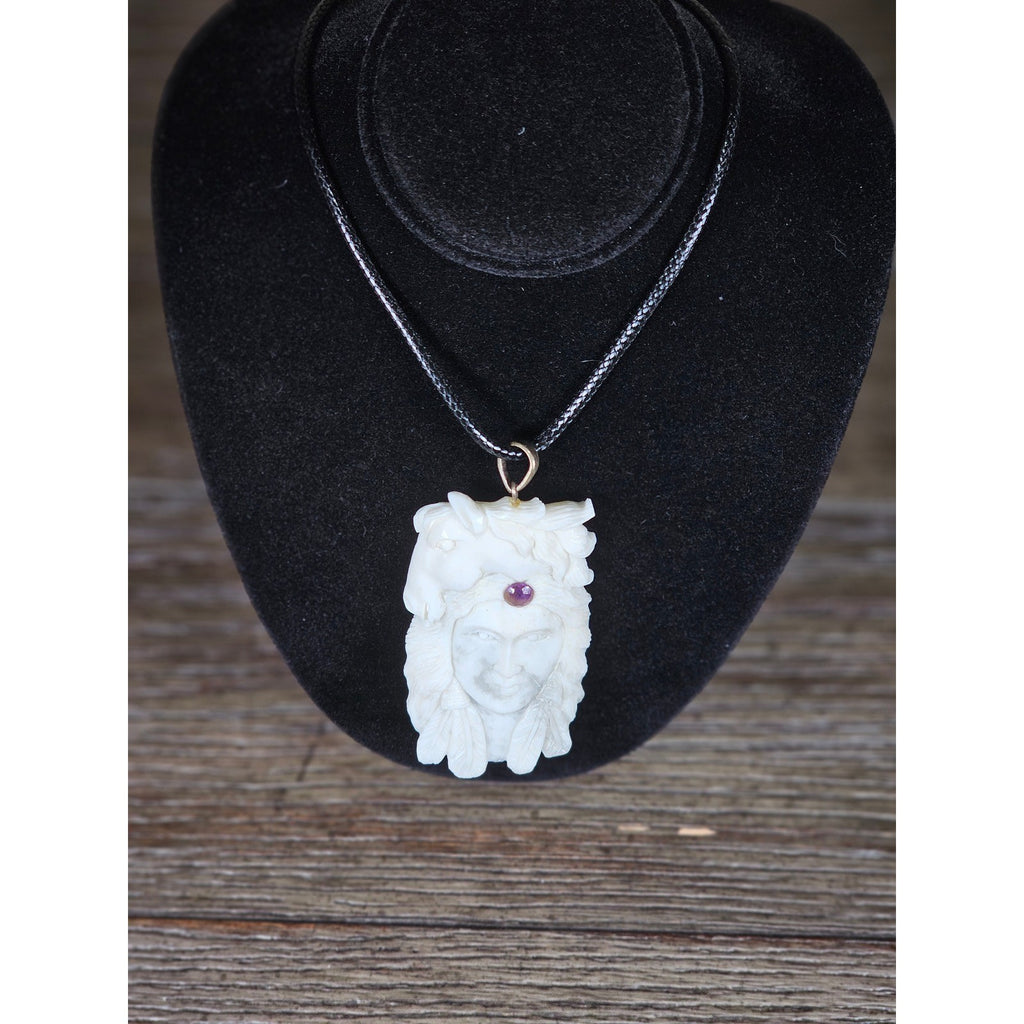 Vintage Buffalo Bone Carved Pendant Necklace Native Style 2.5 Inch