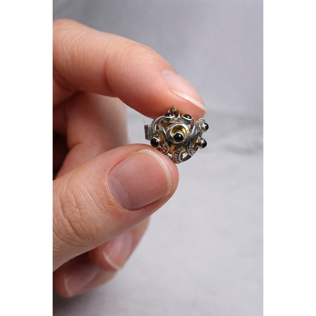 Vintage Hinged Locket Pendant with Inner Sphere & Dark Stone Accents