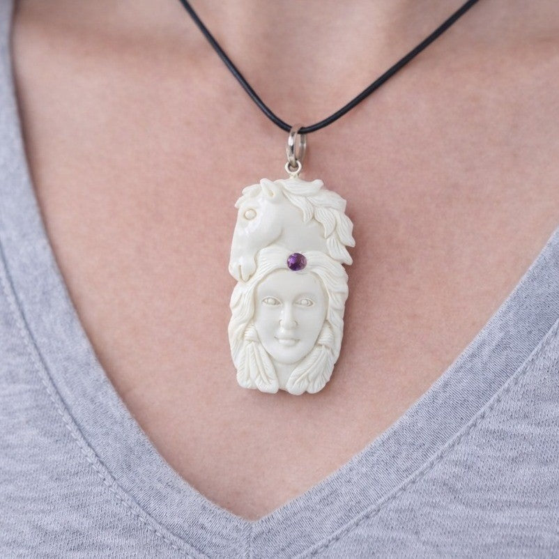 Vintage Carved Horse & Female Pendant Necklace Purple Stone