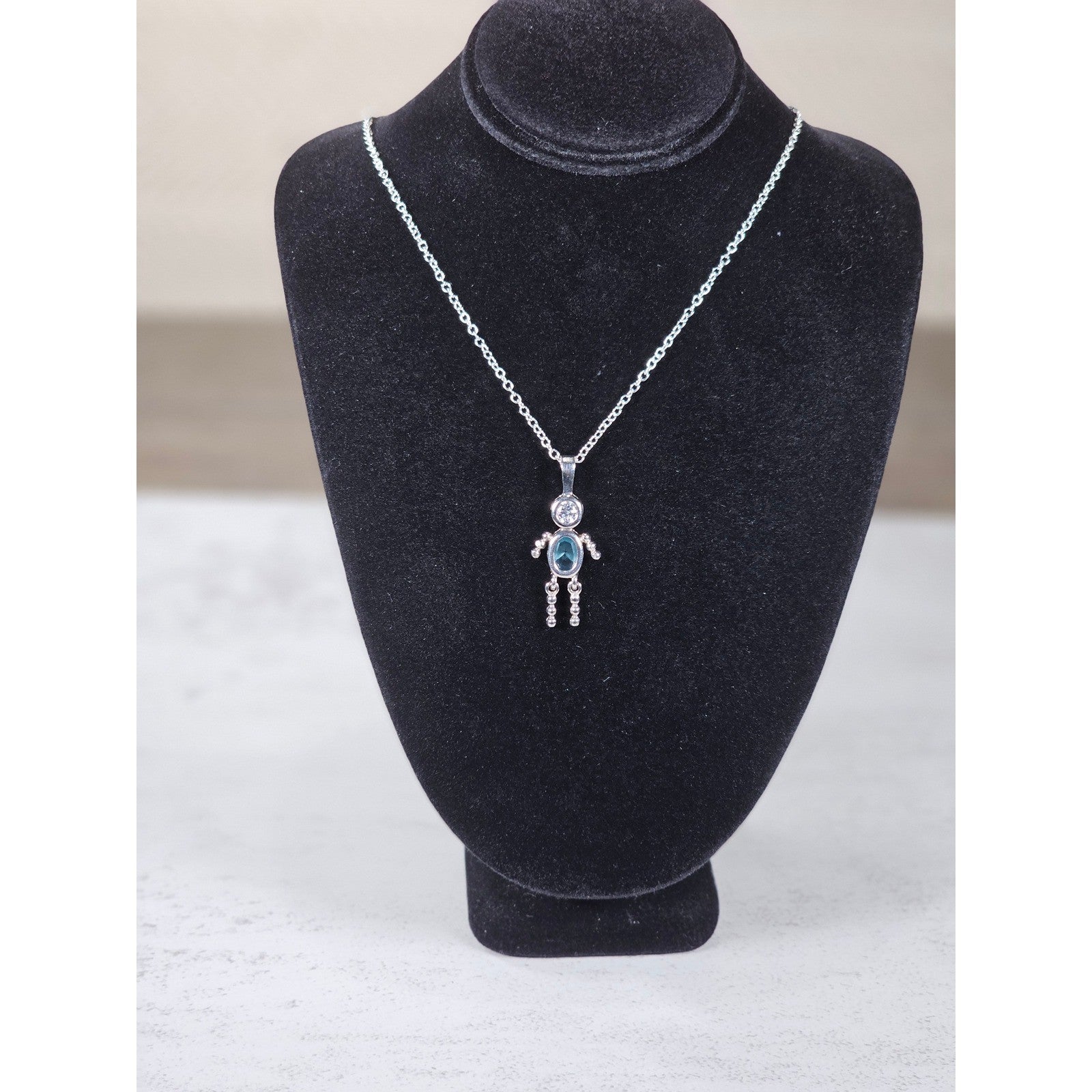 Vintage Sterling Silver Figural Pendant Blue Stone Dangle Necklace