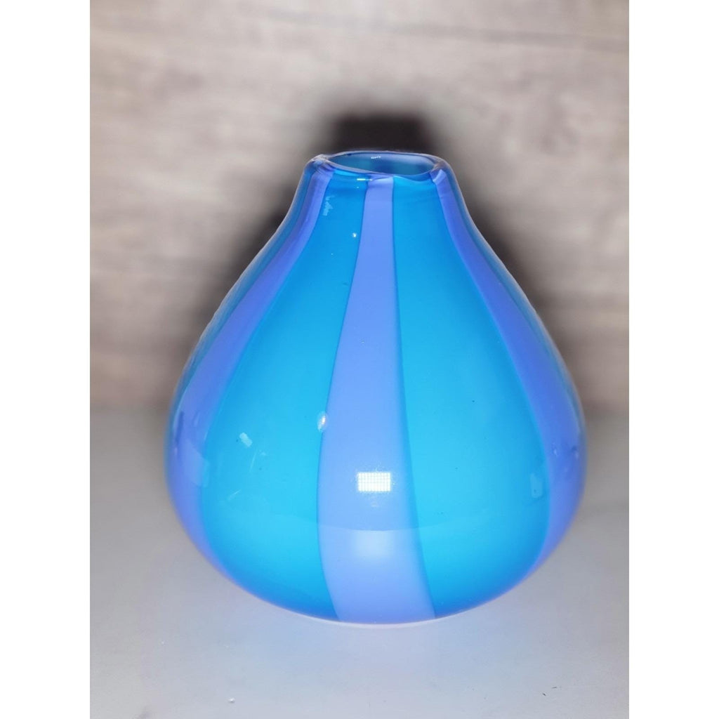 Hand Blown Cased Glass Vase Blue Purple Striped Circus Tent Pattern