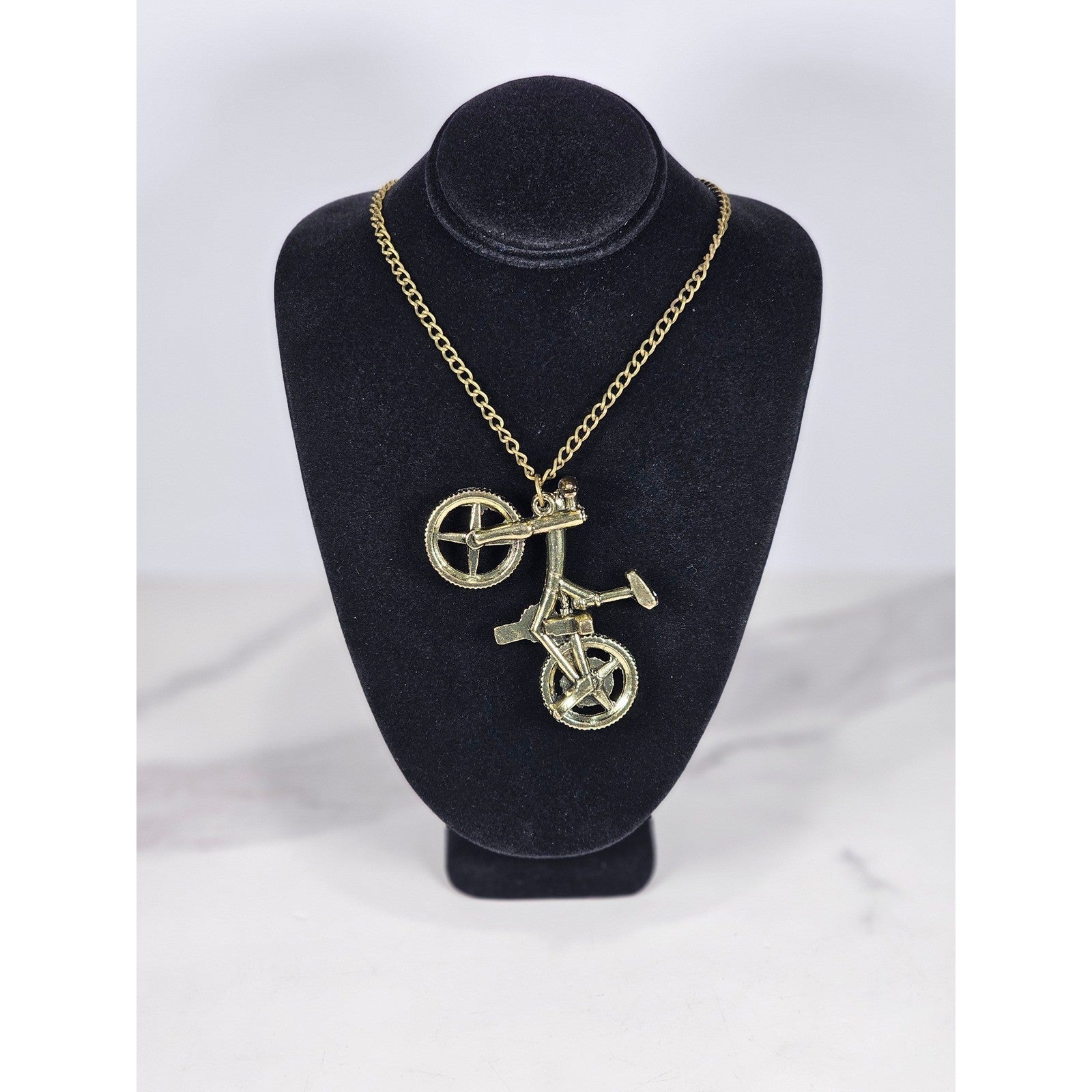 Vintage Bicycle Pendant Necklace Gold Tone Bike Charm Cyclist Jewelry