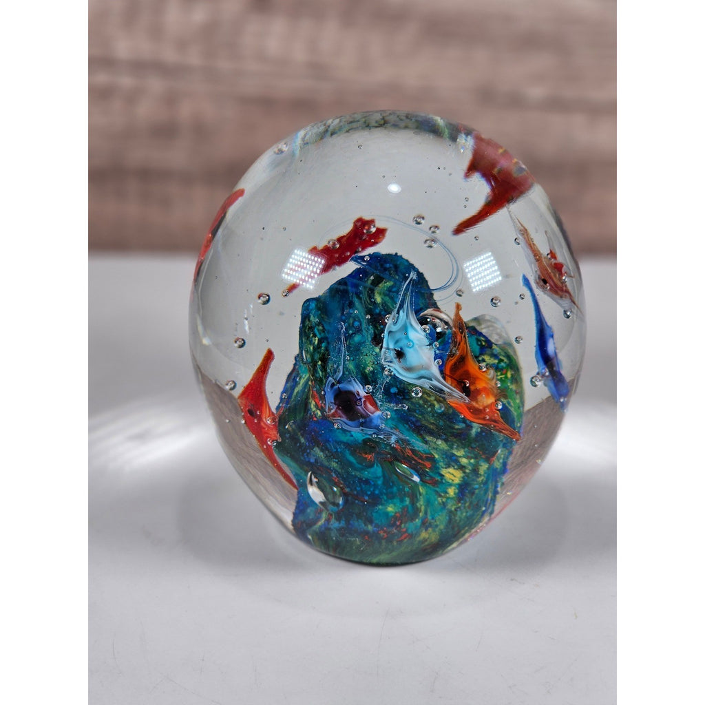 Glass Paperweight Aquatic Scene Fish Swirls Art Hand Blown