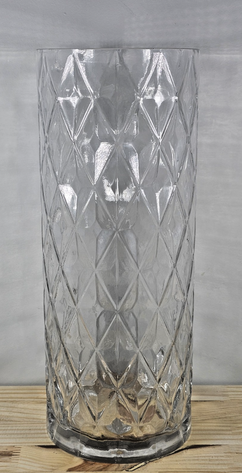 12" Glass Diamond-Cut Cylinder Vase – Vintage Clear Textured Centerpiece