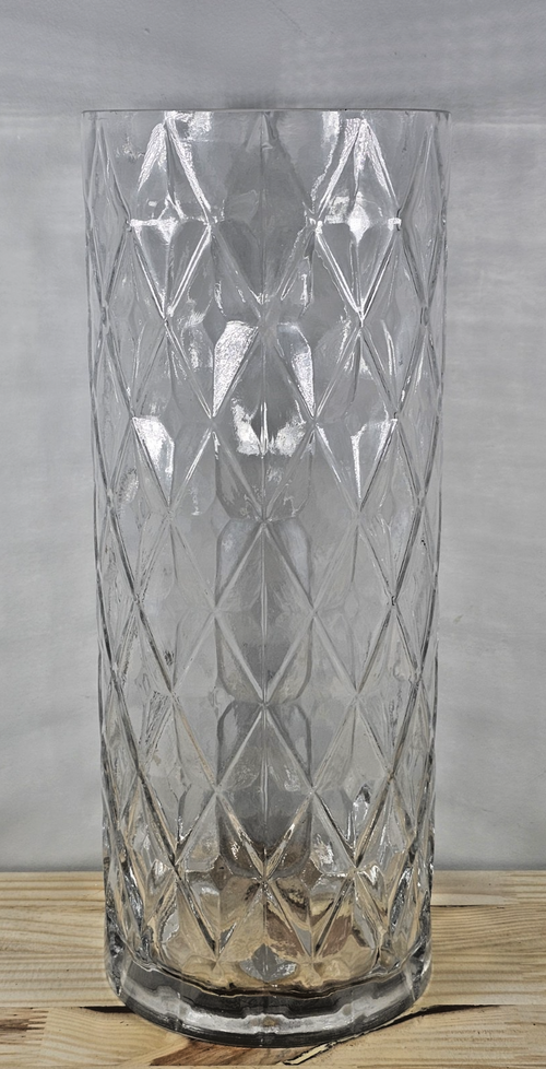 12" Glass Diamond-Cut Cylinder Vase – Vintage Clear Textured Centerpiece