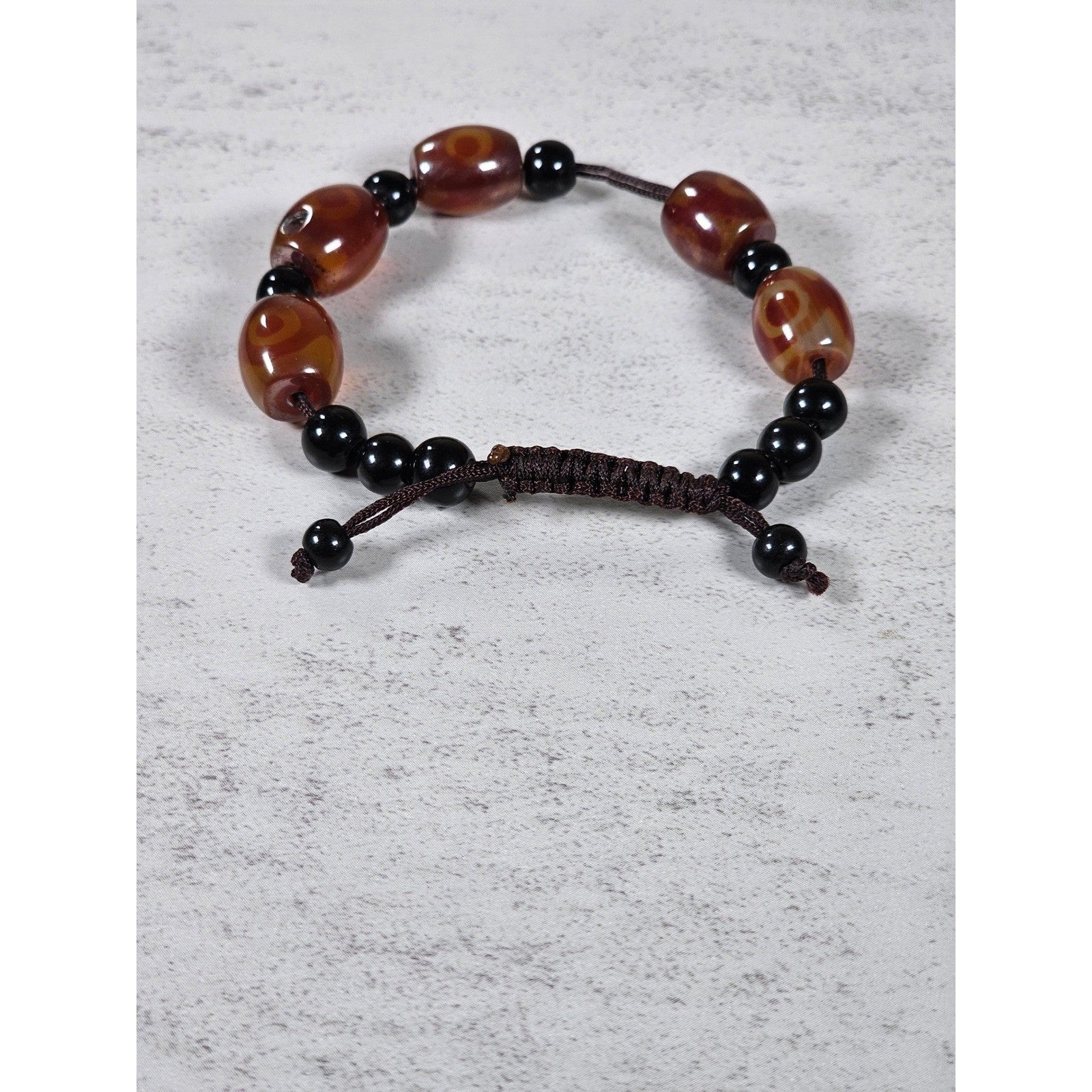Red Orange Agate Style Beaded Bracelet Adjustable Cord Black Beads