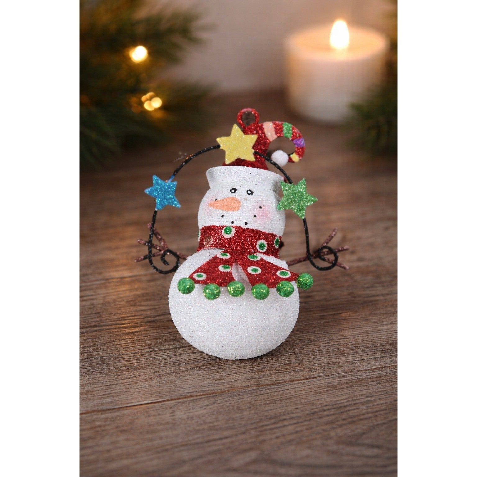 Vintage Glitter Snowman Christmas Ornament with Colorful Star Garland