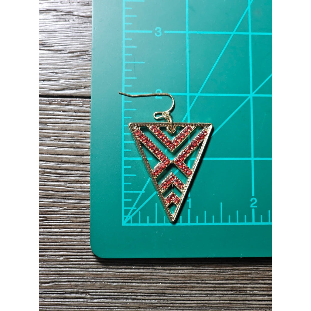 Gold Tone Red Rhinestone Triangle Dangle Earrings Geometric